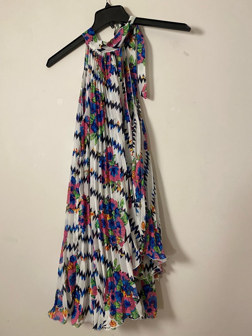White Multi Halter Floral Pleated Dress - Pink & Blue Flowers